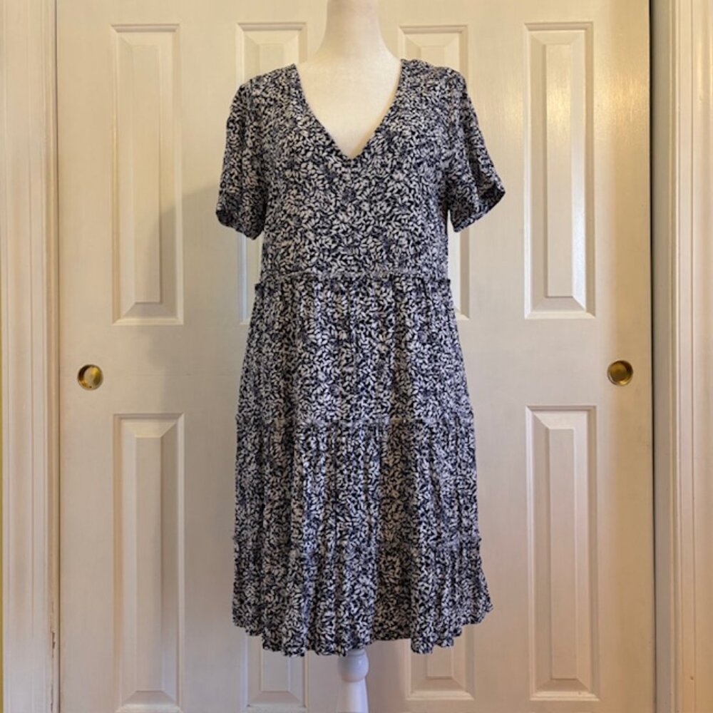 J. Crew V-Neck Ruffle Tiered Loose-Fit Mini Dress in Navy/White Floral Print SM